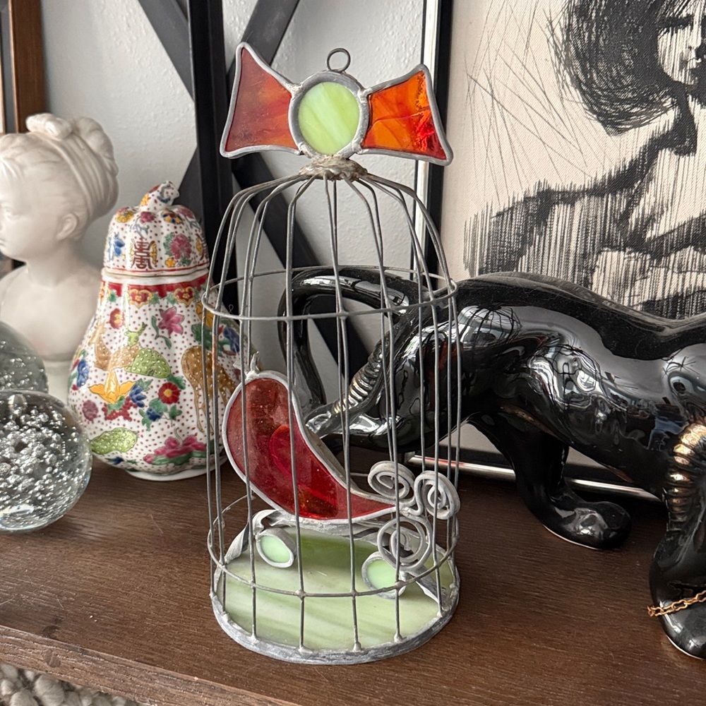 Vintage Stained Glass Bird in Wire Cage Decor - Picture 2 of 4
